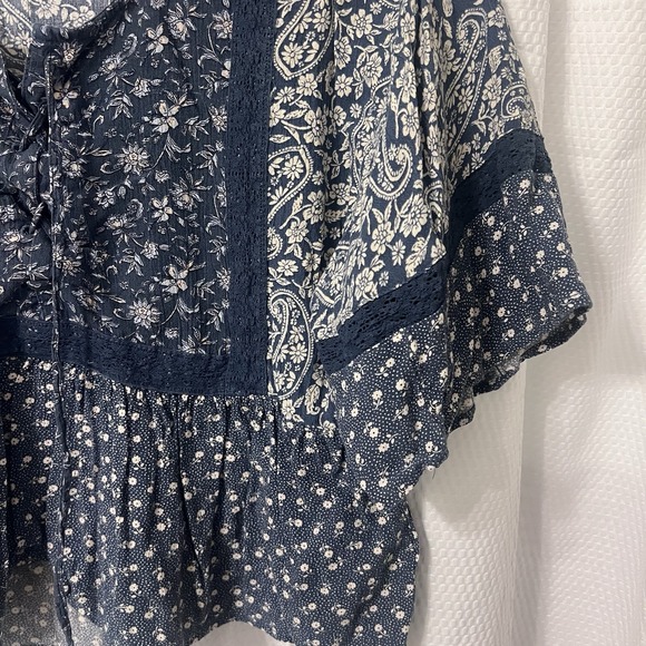 American Eagle Medium Blue Floral Women's Cottagecore Boho Babydoll Crop Peasant - Picture 5 of 8